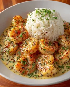 Nahaufnahme von gebratenen Garnelen in einer cremigen weißen Sauce mit Petersilie