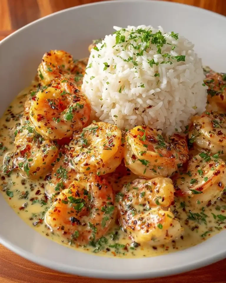 Nahaufnahme von gebratenen Garnelen in einer cremigen weißen Sauce mit Petersilie