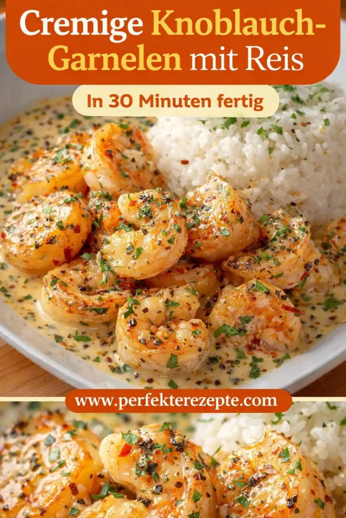 Pfanne mit cremigen Knoblauch-Garnelen in einer hellen Sauce serviert mit weißem Reis