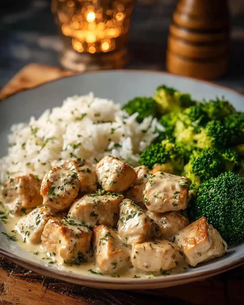 Eine Portion Hähnchen in Knoblauchsauce mit Brokkoliröschen auf einem Teller mit Reis