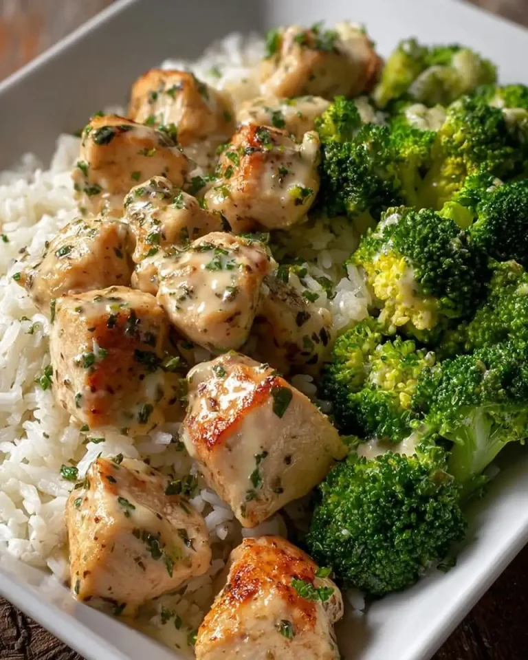 Nahaufnahme von saftigen Hähnchenstücken und Brokkoli in einer hellen Sauce