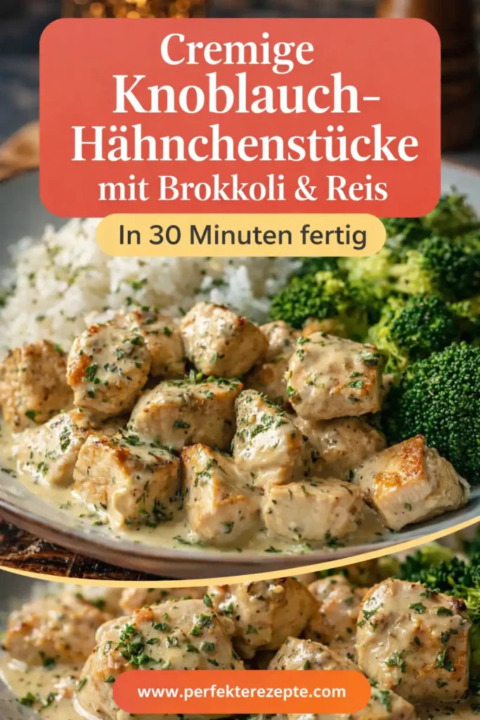 Pfanne mit cremigen Knoblauch-Hähnchenstücken, frischem Brokkoli und weißem Reis