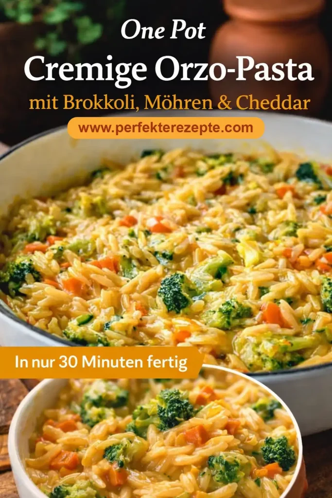 Nahaufnahme von Orzo-Pasta in einer gelben Käsesauce mit sichtbaren Brokkoli- und Möhrenstücken