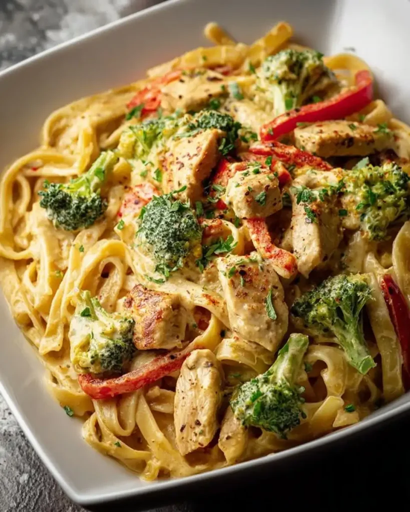 Eine Portion Pasta mit Hähnchen und Gemüse in cremiger Sauce auf einem Teller