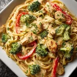 Nahaufnahme von Penne-Nudeln mit Brokkoliröschen und roten Paprikastreifen in heller Sauce