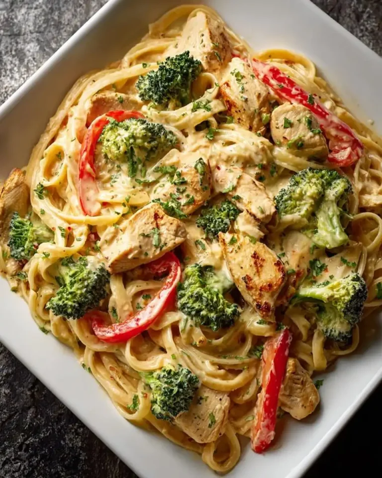 Nahaufnahme von Penne-Nudeln mit Brokkoliröschen und roten Paprikastreifen in heller Sauce