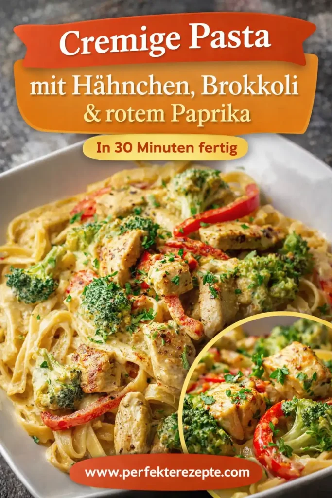 Cremige Pasta mit Hähnchenstücken, grünem Brokkoli und roter Paprika in einer Pfanne