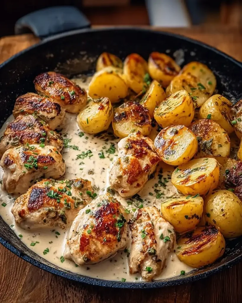 Eine Portion Knoblauch-Hähnchen und Ofenkartoffeln auf einem Teller