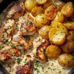 Servierfertiges cremiges Knoblauch-Hähnchen mit goldenen Ofenkartoffeln