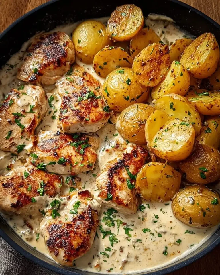 Servierfertiges cremiges Knoblauch-Hähnchen mit goldenen Ofenkartoffeln