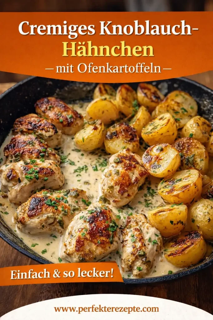 Frisch zubereitetes cremiges Hähnchengericht mit Ofenkartoffeln