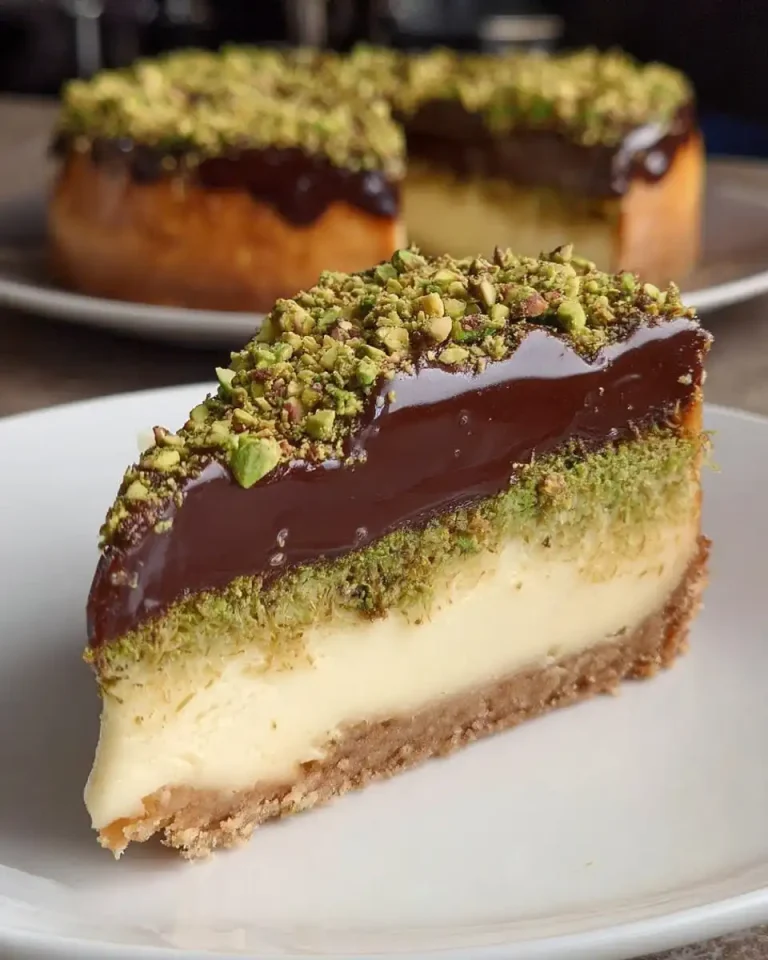 Frisch zubereiteter Dubai Käsekuchen mit Schokoladenglasur und Pistazien