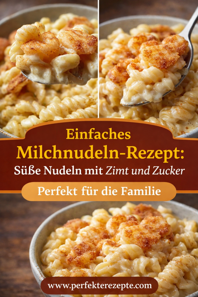 Eine Schüssel mit warmen Milchnudeln, bestreut mit einer Mischung aus Zimt und Zucker