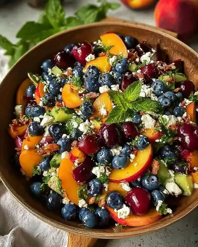 Bunter Sommersalat mit frischen Heidelbeeren, saftigen Pfirsichspalten und zerbröseltem Feta auf einem hellen Teller.