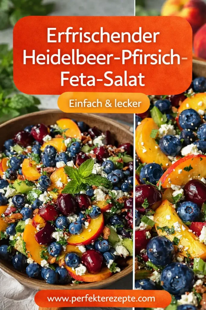 Nahaufnahme von reifen Heidelbeeren, Pfirsichstücken und cremigem Feta-Käse mit frischen Kräutern.