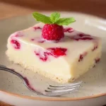 Ansicht eines aufgeschnittenen Blechkuchens mit vielen roten Himbeeren