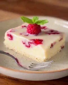 Ansicht eines aufgeschnittenen Blechkuchens mit vielen roten Himbeeren