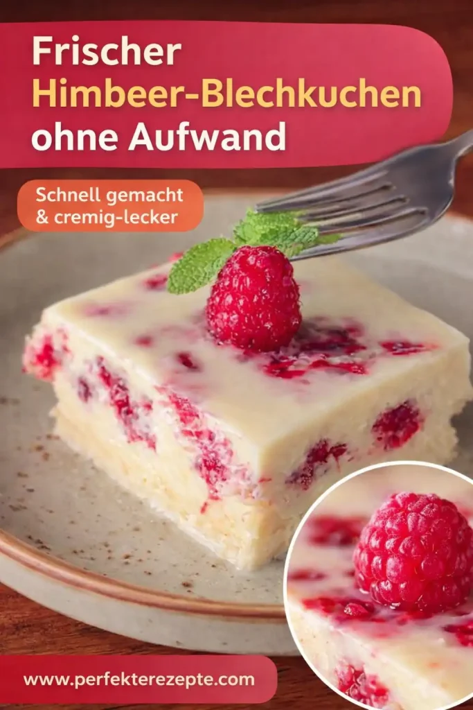 Frischer Himbeer-Blechkuchen mit Puderzucker bestäubt auf einem Backblech