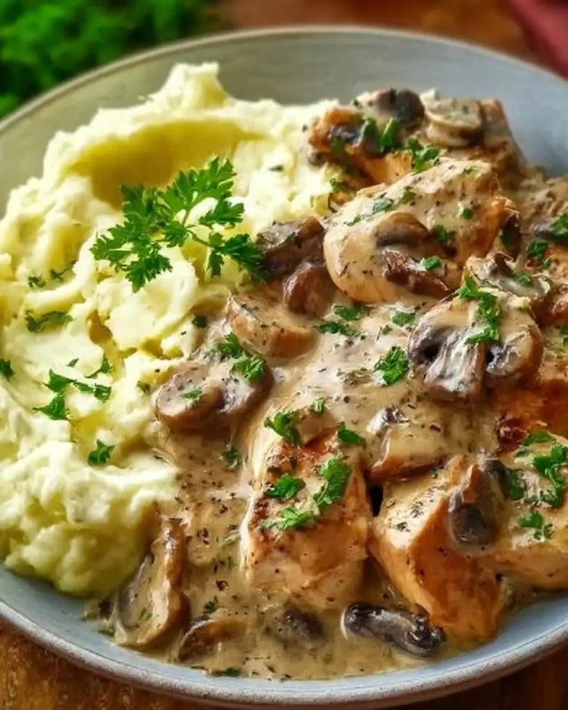 Eine Portion Geschnetzeltes mit Kartoffelpüree und Petersilie garniert auf einem gedeckten Tisch.