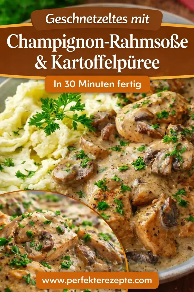 Detailansicht von zarten Fleischstreifen und frischen Champignons in einer glänzenden Sahnesoße.