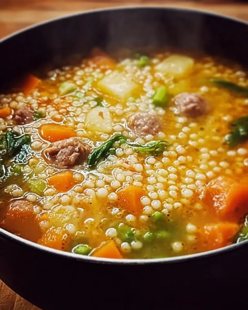 Selbstgemachter Graupeneintopf mit Perlgraupen in einem Topf