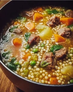 Traditionelle Graupensuppe nach Omas Rezept serviert in einer Schüssel