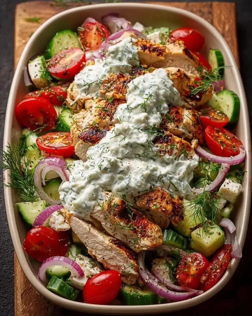 Eine Portion griechischer Salat mit Hähnchenbrust und einer Beilage Tzatziki