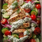 Frisch zubereiteter griechischer Teller mit Hähnchen, Salat und Tzatziki-Dressing