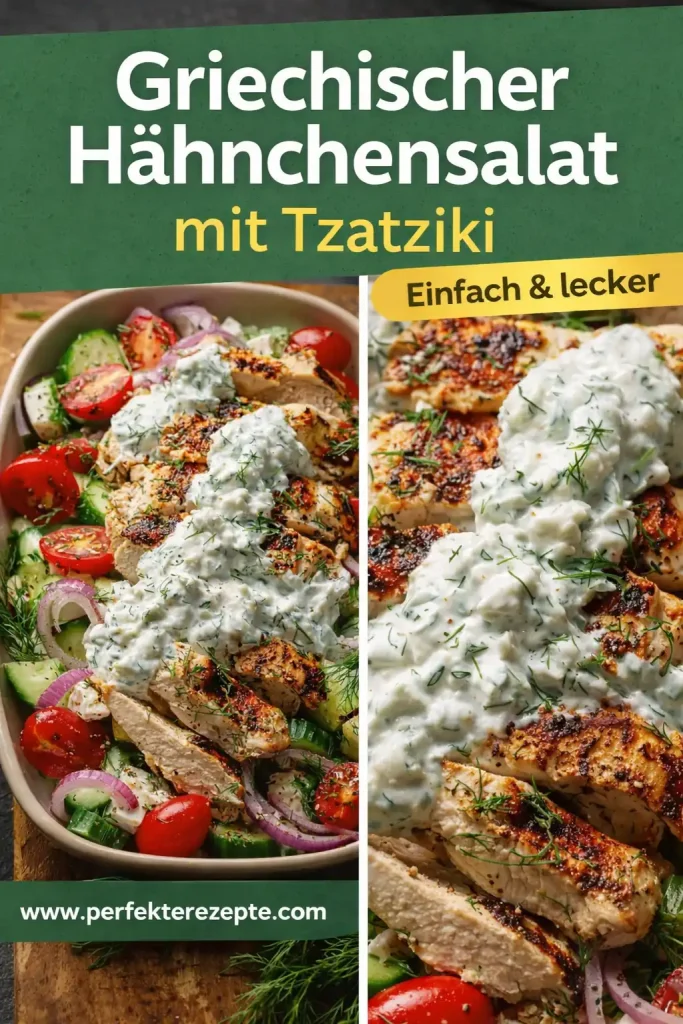 Griechischer Hähnchensalat mit frischem Tzatziki, Oliven und Feta in einer Schüssel