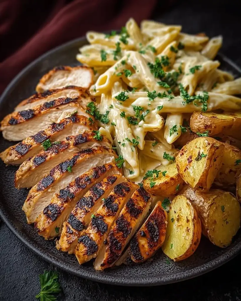 Eine Portion Hähnchen vom Grill serviert mit Nudeln in Kräutersauce und krossen Kartoffelecken