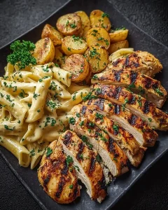 Nahaufnahme von gegrillten Hähnchenstreifen auf einem Bett aus Kräuter-Pasta und Kartoffeln