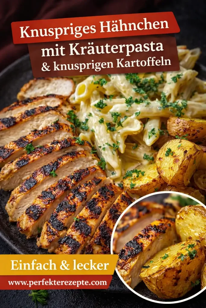 Gegrilltes Hähnchenbrustfilet mit Kräuter-Pasta und goldbraunen Röstkartoffeln