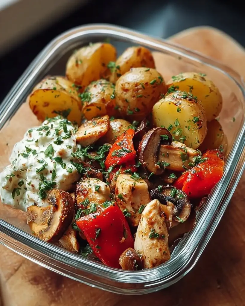 Eine Portion Hähnchen-Bowl mit geröstetem Gemüse, Kartoffeln und hausgemachtem Dip