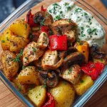 Nahaufnahme von Kräuterquark auf einer Bowl mit Hähnchenstücken und bunten Gemüsesorten