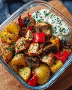Nahaufnahme von Kräuterquark auf einer Bowl mit Hähnchenstücken und bunten Gemüsesorten