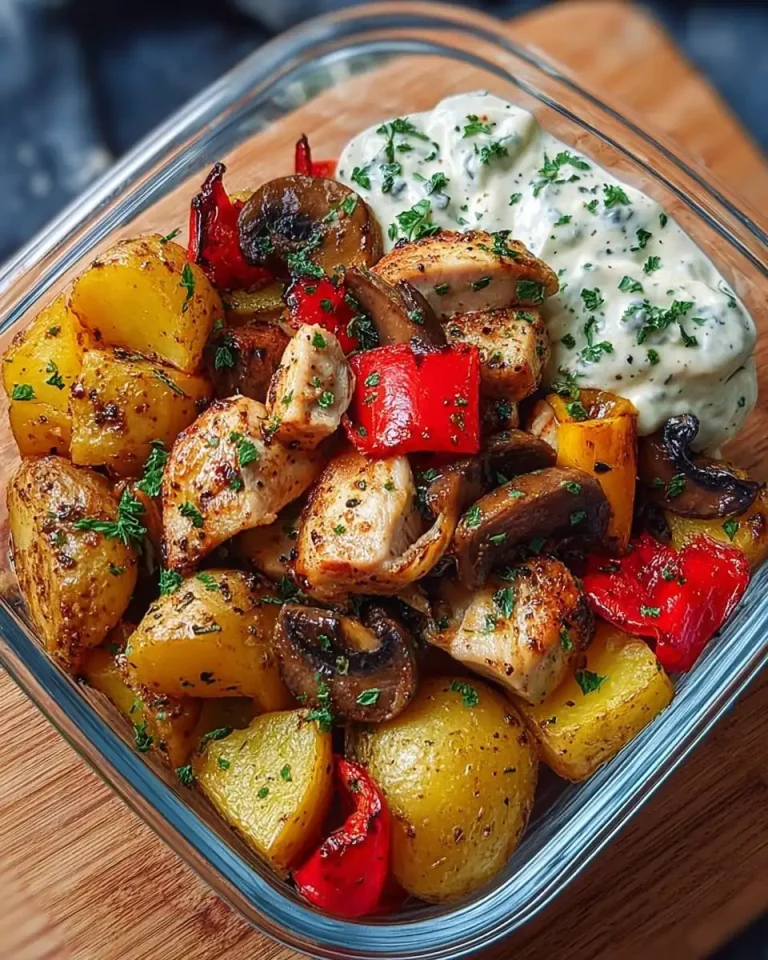Nahaufnahme von Kräuterquark auf einer Bowl mit Hähnchenstücken und bunten Gemüsesorten