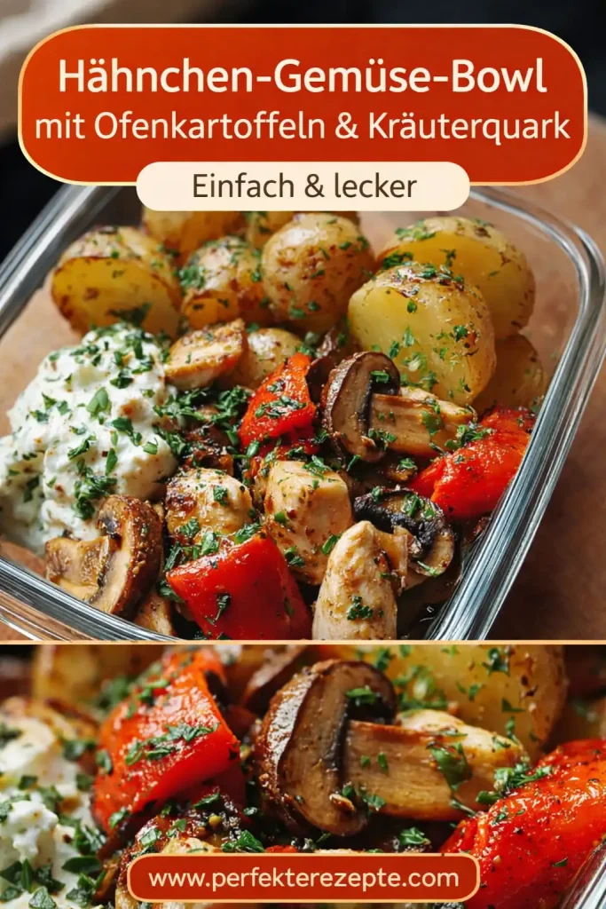 Bunte Hähnchen-Gemüse-Bowl mit knusprigen Ofenkartoffeln und einem Klecks Kräuterquark