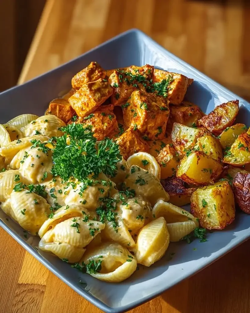Eine Portion cremige Rigatoni-Pasta mit Hähnchenstücken und Kartoffelwürfeln