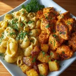Nahaufnahme von Rigatoni Nudeln in einer hellen Sauce mit Fleisch und Kartoffeln