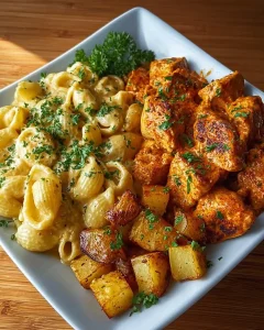 Nahaufnahme von Rigatoni Nudeln in einer hellen Sauce mit Fleisch und Kartoffeln