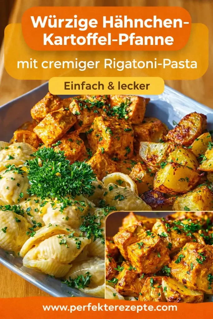 Würzige Hähnchen-Kartoffel-Pfanne gemischt mit cremigen Rigatoni Nudeln in einer Pfanne