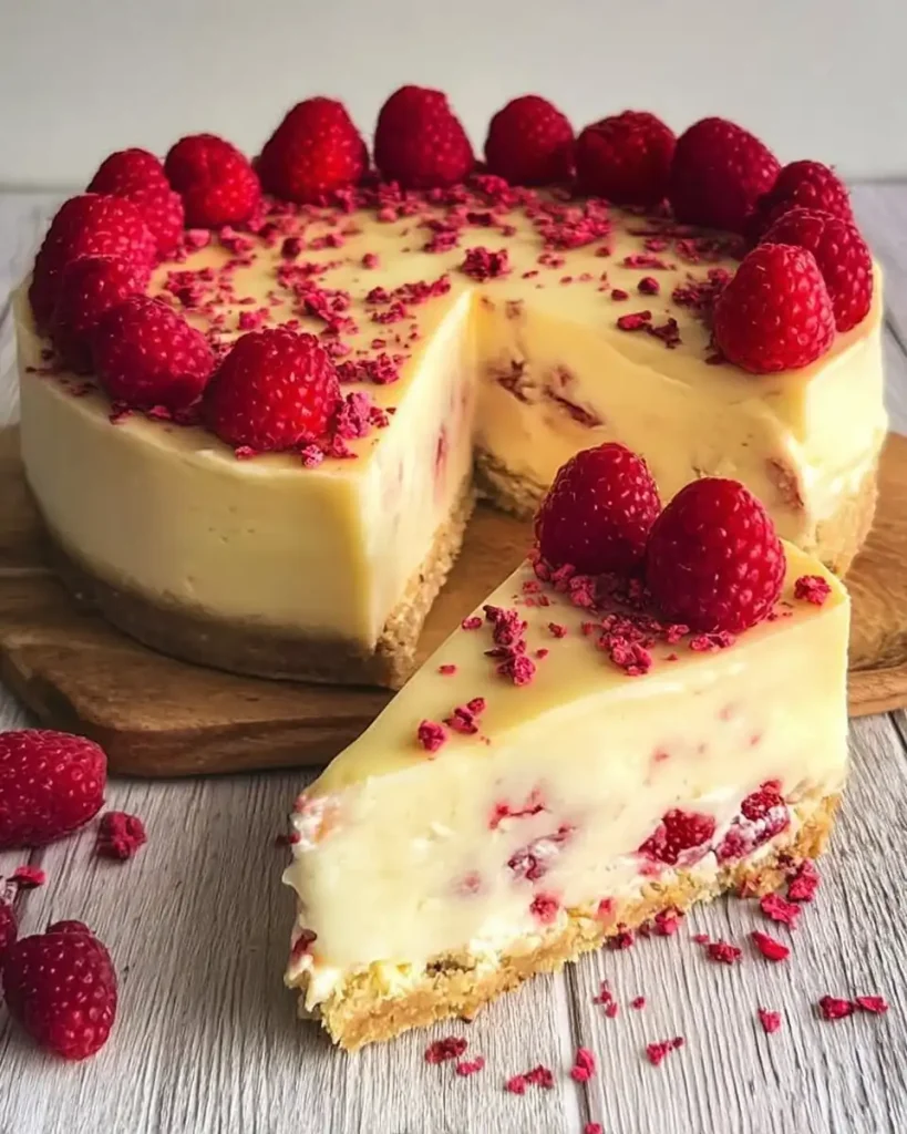 Ein Stück weißer Schokoladen-Himbeer-Cheesecake mit Keksboden auf einem Dessertteller