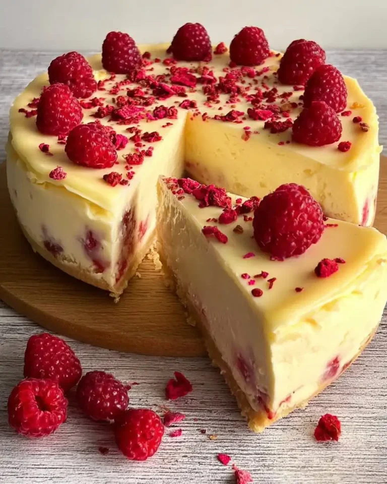 Nahaufnahme der cremigen Käsekuchenschicht mit Himbeermarmorierung und weißer Schokolade