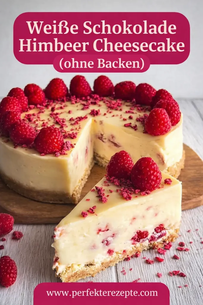 Cremiger Weiße Schokolade Himbeer Cheesecake mit fruchtigem Spiegel auf einer Tortenplatte