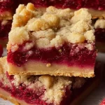 Fruchtige Himbeer-Streuselschnitten vom Blech serviert auf einer Platte