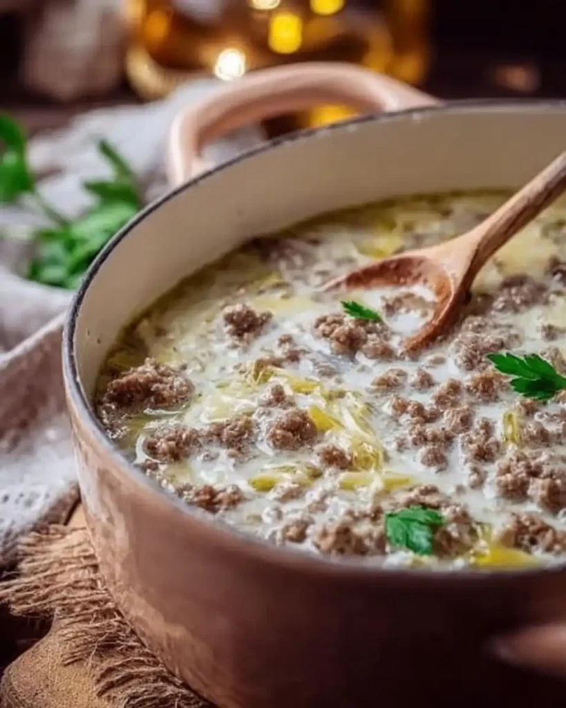 Dampfende Käse-Lauch-Suppe mit Hackfleisch in einer weißen Schüssel serviert
