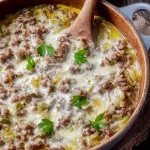 Nahaufnahme von cremiger Suppe mit Lauchringen und gebratenem Hackfleisch