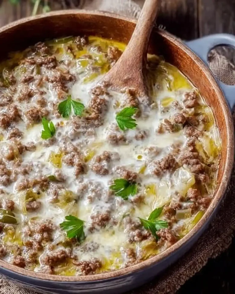 Nahaufnahme von cremiger Suppe mit Lauchringen und gebratenem Hackfleisch