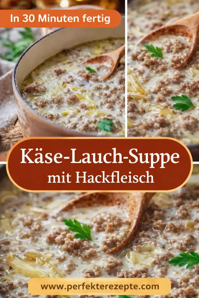Ein Topf voller Käse-Lauch-Suppe mit einer Schöpfkelle und Baguette-Beilage