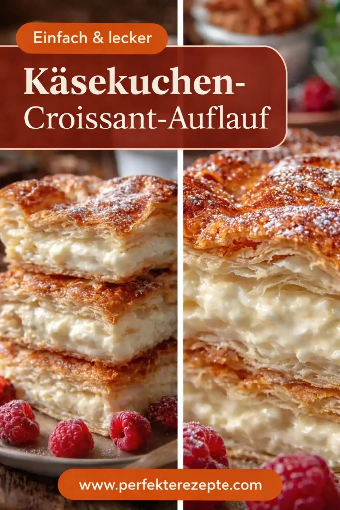 Goldbraun gebackener Käsekuchen-Croissant-Auflauf in einer Auflaufform